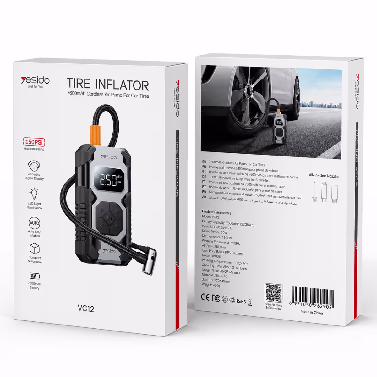 YESIDO VC12 MULTIFUNCTIONAL WIRELESS AIR COMPRESSOR WITH DIGITAL DISPLAY